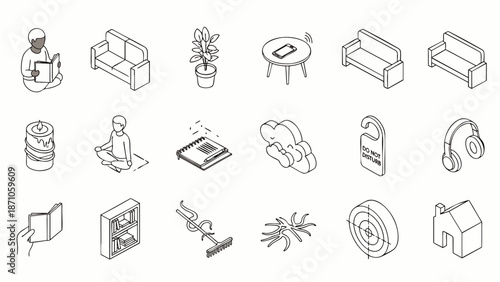 Isometric line art icon set for home, leisure, and technology. Includes people, furniture, smart devices, books, headphones, and common daily objects for modern design.