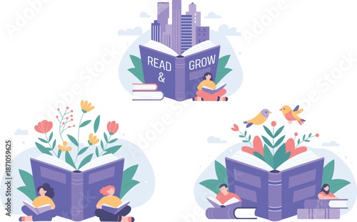 "Creative illustration of people reading books with blooming flowers, birds, and cityscape, promoting knowledge growth and education inspiration"

flat vector illustration