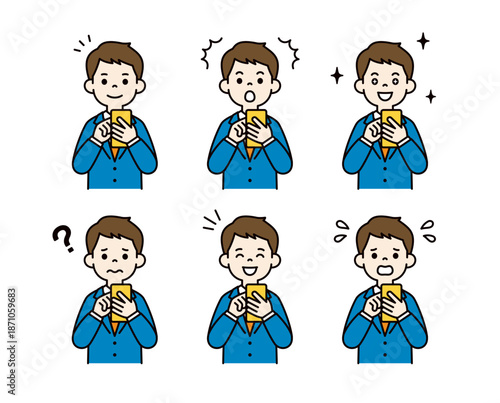 スマートフォンを操作する若いビジネスマンの様々な表情のベクターイラスト素材セット＿カラー