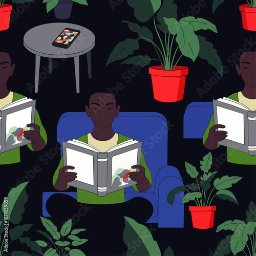 Seamless pattern of a person relaxing at home, reading a book surrounded by lush green houseplants, promoting tranquility and indoor gardening.