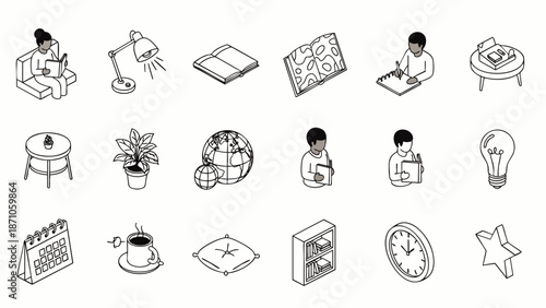 Isometric line art icons for study, work from home, education, and daily life. Collection of learning, productivity, and home office elements.