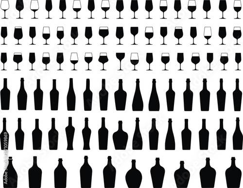 Collection of Various Wine Glasses and Bottles in Different Shapes and Sizes for Elegant Bar or Restaurant Decor