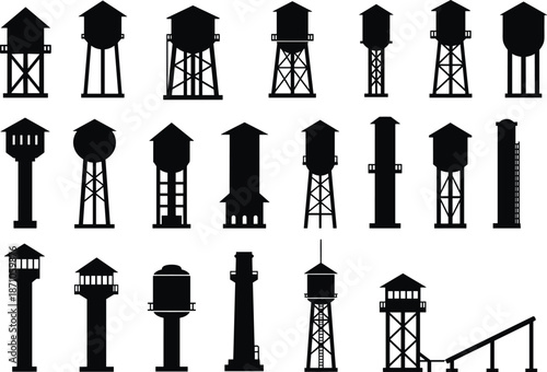 Collection of various water tower silhouettes, industrial structures, storage tanks, different shapes and designs, urban infrastructure vector icons.