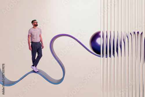 Man walking on abstract 3D balance surface with glass pattern