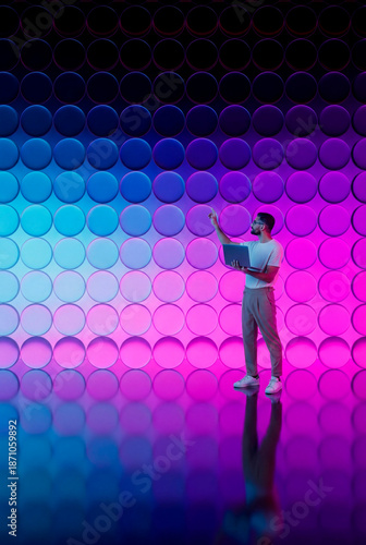 Man working with neon 3D tech glass circles background