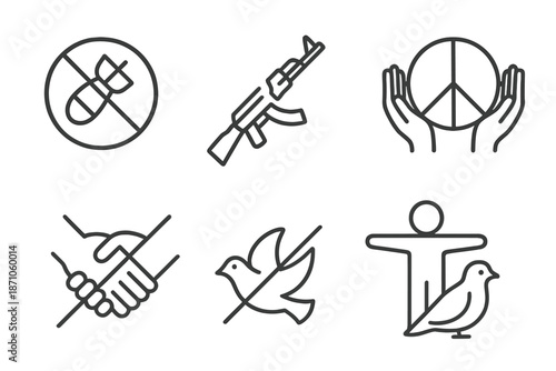 No war symbols: peace, dove, anti-weapon, handshake, peace sign, anti-bomb icons