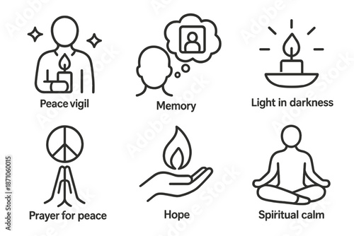 Symbols of peace, memory, and hope: candle, meditation, thought icons