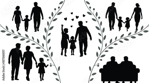 Family Silhouettes: Parents and Children Walking, Holding Hands, and Sharing Moments in Black and White Art flat vector illustration
