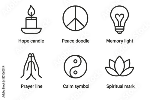 Minimalist icons: candle, peace, lightbulb, praying hands, yin-yang, lotus