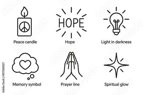 Peace candle, hope message, light symbol, memory icon, prayer hands, spiritual glow