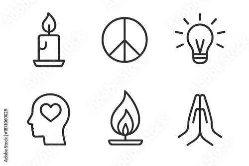 Minimalist icons of candle, peace, lightbulb, heart, flame, and prayer hands