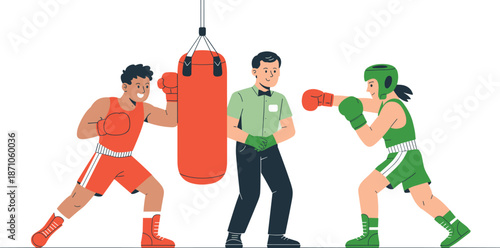 Competitive Boxing Match Scene Featuring Two Fighters, Referee, and Punching Bag in Action with Intense Sparring and Professional Sports Equipment Display flat vector illustration