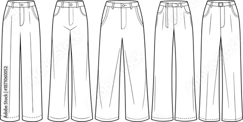 Collection of wide leg women’s pants fashion flat sketches, high waist stylish trousers design, technical clothing drawing, apparel illustration.