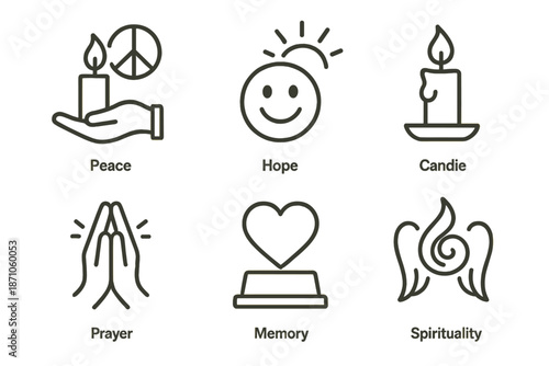 Symbols of peace, hope, prayer, and spirituality illustrated in icon set