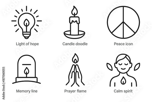 Symbols of hope and peace: lightbulb, candle, peace, memorial, prayer, meditation icons