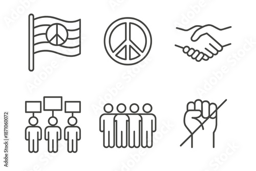 Peace and unity icons: flag, symbol, handshake, protest, unity, nonviolence