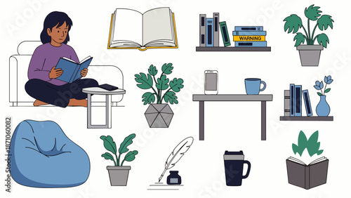 Illustrative set of home comfort and reading elements, featuring a woman enjoying a book, bookshelves, plants, and cozy decor for relaxation.