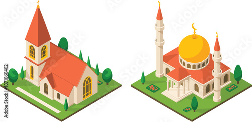 Isometric vector illustration of Christian church and Islamic mosque buildings with green trees, architecture, religion, culture, and community concept flat vector illustration