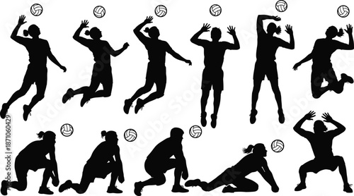 Volleyball player silhouettes in dynamic action poses spiking, blocking, digging, receiving ball, sports teamwork, athletic competition, fitness training illustration design