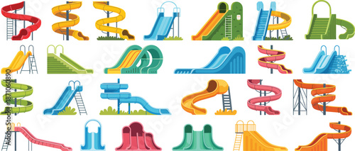 Colorful playground and water park slides collection, spiral, straight, tall, fun outdoor amusement vector icons for kids activity