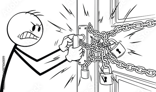 Man struggling to break door chains.