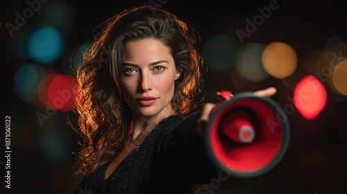 Woman in a dark outfit holds a megaphone, city lights in bokeh background