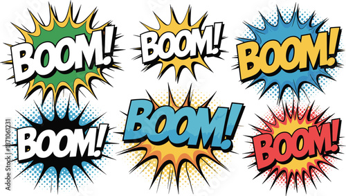 Comic book explosion effects, colorful speech bubbles, pop art style, dynamic onomatopoeia, vibrant cartoon text, comic boom graphics, burst icons, comic art design