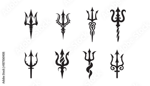 Poseidon Trident Silhouette Icon Set Black Vector Minimal Mythology Symbol Isolated on White.