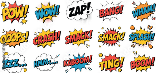 Comic book sound effects, colorful cartoon speech bubbles, POW WOW ZAP BANG WHAM crash smack splash kaboom comic text explosion