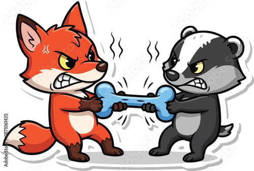 Cartoon Fox and Badger Fighting Over a Bone.