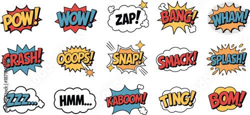 Comic book sound effects, colorful explosion text, POW WOW ZAP BANG, retro pop art graphics, cartoon noise bubbles, action words