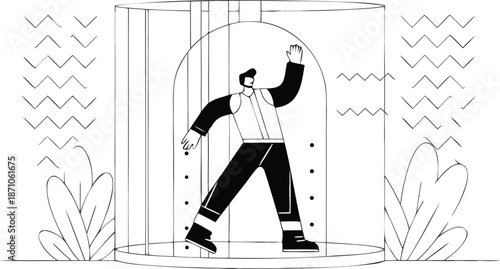 A person walks through a transparent cylindrical tunnel with an arched doorway surrounded by abstract zigzag patterns