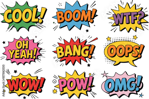 Comic pop art text, colorful cartoon speech bubbles, retro expression words, vector sound effects, vibrant typography design, fun comic elements