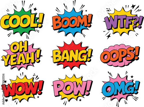 Comic pop art exclamations, colorful cartoon text effects, retro comic speech bubbles, fun typography design, vector expressions, vibrant comic style