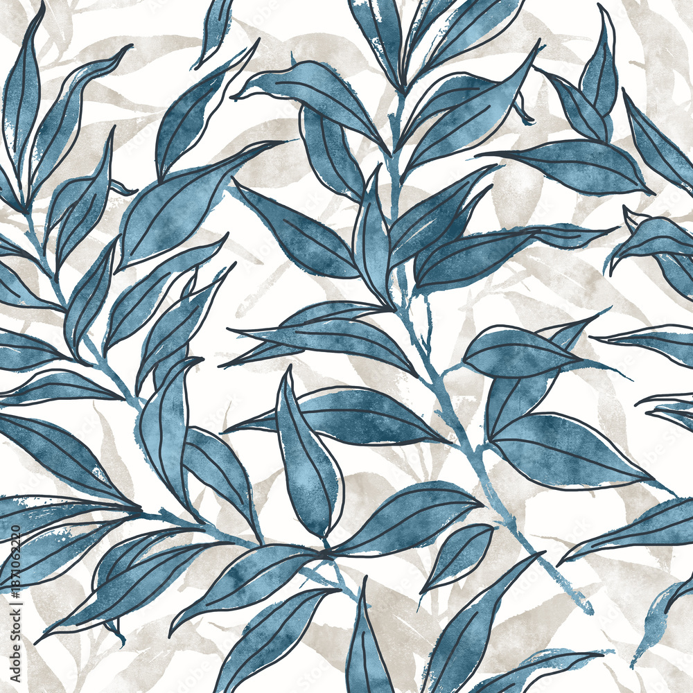 Fototapeta premium seamless background with colorful blue leaves textured and outlined floral pattern