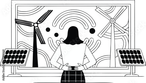 Woman standing in front of a screen displaying renewable energy sources with wind turbines and solar panels