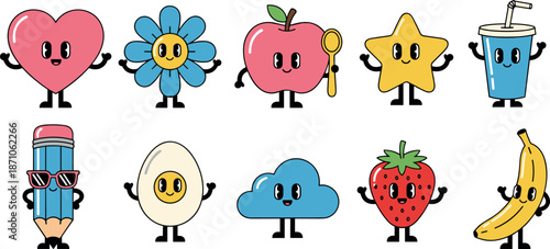 Cute kawaii food and object characters vector set with heart, fruits, drink and star mascots in flat cartoon illustration style isolated on white background