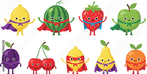 Cute superhero fruit characters vector set with apple, lemon, strawberry and watermelon mascots in flat cartoon illustration style isolated on white background