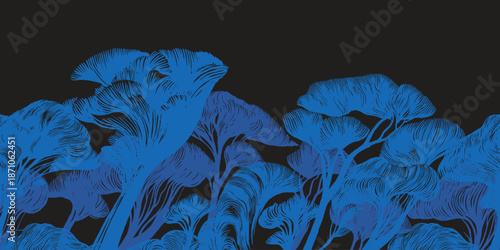 Sophisticated hand drawn brush lines distorted forest pattern, Japanese and ethnic folks wood carving, engraving fine-line texture background, simple graphic with copy space