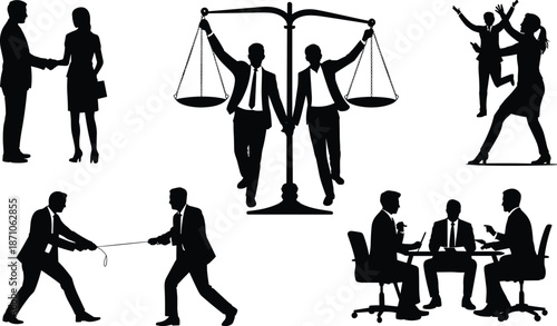 Business Silhouette Illustration: Negotiation, Agreement, and Conflict Resolution in Professional Scenarios flat vector illustration