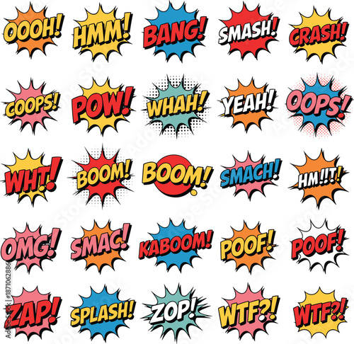 Comic sound effects, colorful cartoon text, pop art explosion bubbles, expressive words, vibrant speech balloons, fun graphic elements, comic book style illustration