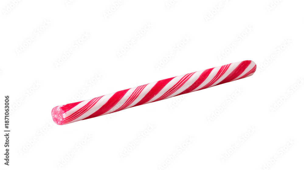 Obraz premium Red and white candy cane stick, peppermint flavor, isolated on transparency background, festive and cheerful, traditional holiday sweet treat, Christmas decoration, striped confectionery