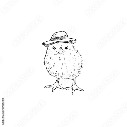 A little chick wearing a hat, hand drawn in black and white and vectorised. Chicken child. 