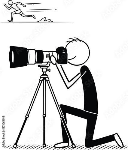 Photographer Kneeling with Camera on Tripod.