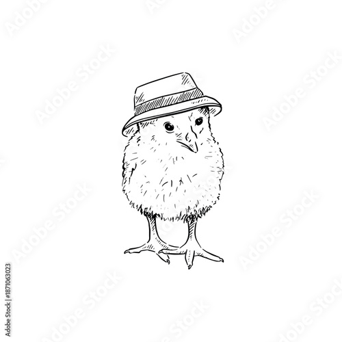 A little chick wearing a hat, hand drawn in black and white and vectorised. Chicken child. 