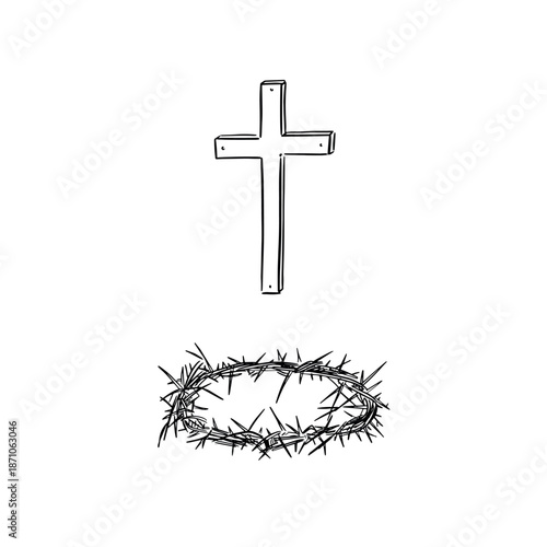 Easter symbols; a crucifix cross and a crown of thorns, religious icons for a Christian Easter