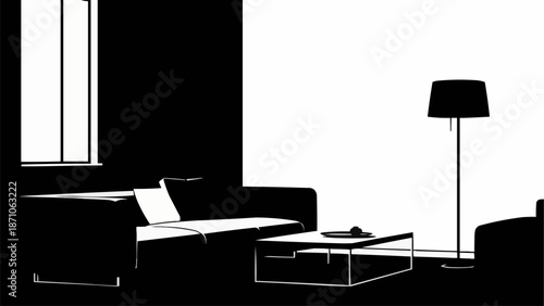 Modern living room interior with sofa and coffee table.
