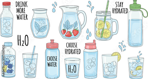 Drink water hydration vector set with bottles, glasses, jars and healthy refreshment quotes in hand drawn cartoon illustration style isolated on white background