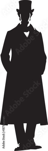 Full-body black silhouette of a man in distinct 19th-century commoner fashion, featuring a tall top hat and a long, formal coat.