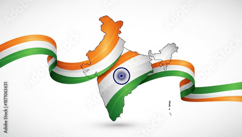 Indian map with waving tricolor flag ribbon on white background symbolizing national pride and patriotism with icon and illustration and graphic